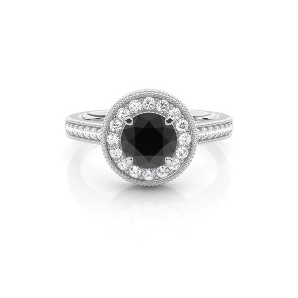 4 Prong Setting Side Stone Halo Black Diamond Ring