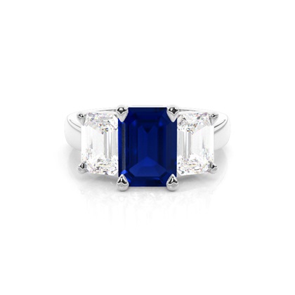 White Gold Emerald Trilogy Blue Sapphire Engagement Ring