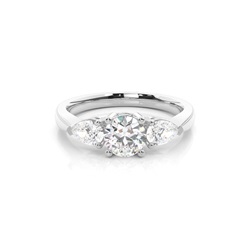 White Gold Round and Pear Three Stone Diamond Engagement Ring