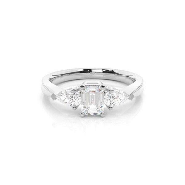 Prong Setting Emerald and Pear Three Stone Diamond Engagement Ring