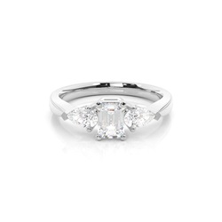 Prong Setting Emerald and Pear Three Stone Diamond Engagement Ring
