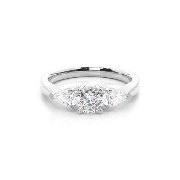 Prong Setting Cushion and Pear Three Stone Diamond Engagement Ring