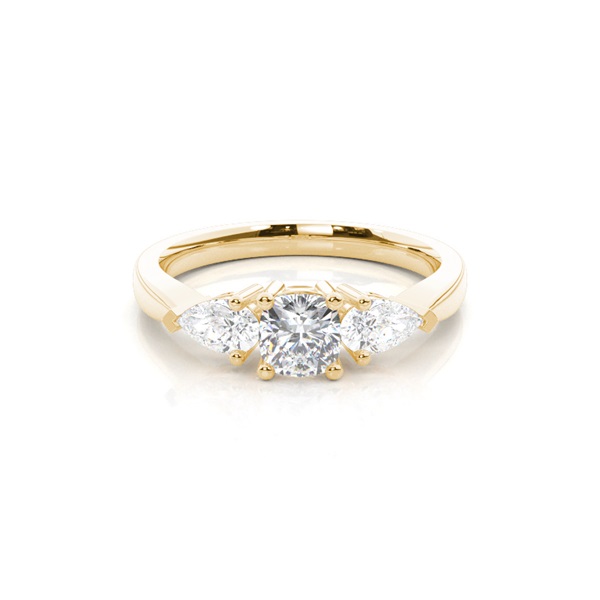 Prong Setting Cushion and Pear Three Stone Diamond Engagement Ring
