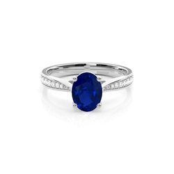 Oval 4 Prong Setting Side Stone Blue Sapphire Engagement Ring