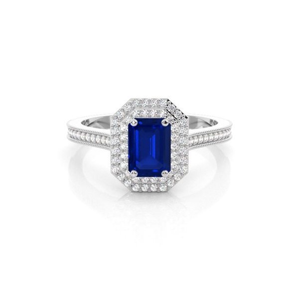 Emerald Shaped Halo Blue Sapphire Engagement Ring