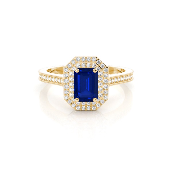 Emerald Shaped Halo Blue Sapphire Engagement Ring