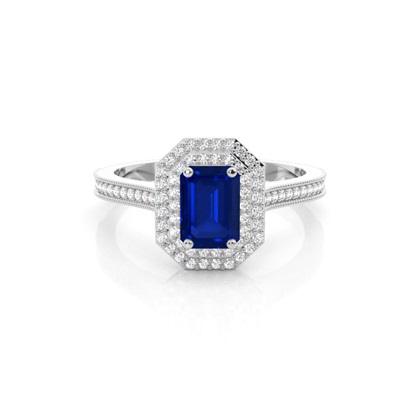 Emerald Shaped Halo Blue Sapphire Engagement Ring