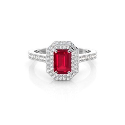 Emerald Shaped Halo Ruby Engagement Ring
