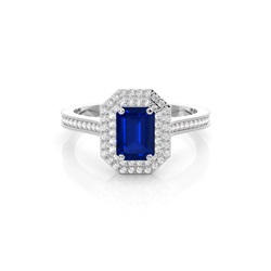 Emerald Shaped Halo Blue Sapphire Engagement Ring