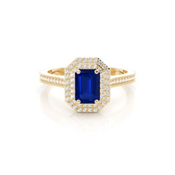 Emerald Shaped Halo Blue Sapphire Engagement Ring