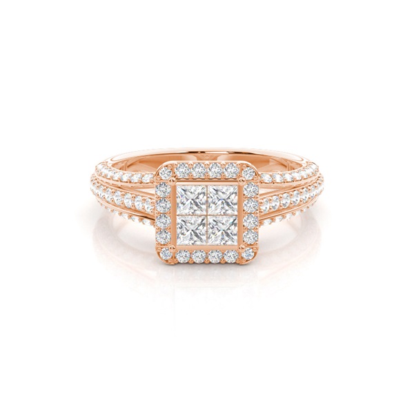 Pave Setting Round/Princess Diamond Cluster Ring