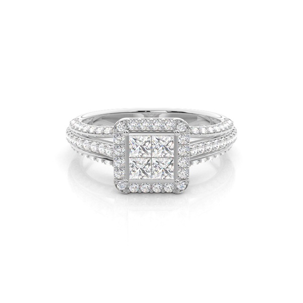 Pave Setting Round/Princess Diamond Cluster Ring