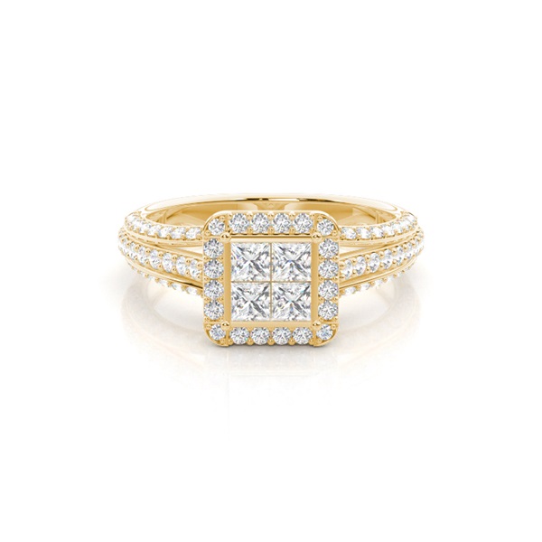 Pave Setting Round/Princess Diamond Cluster Ring