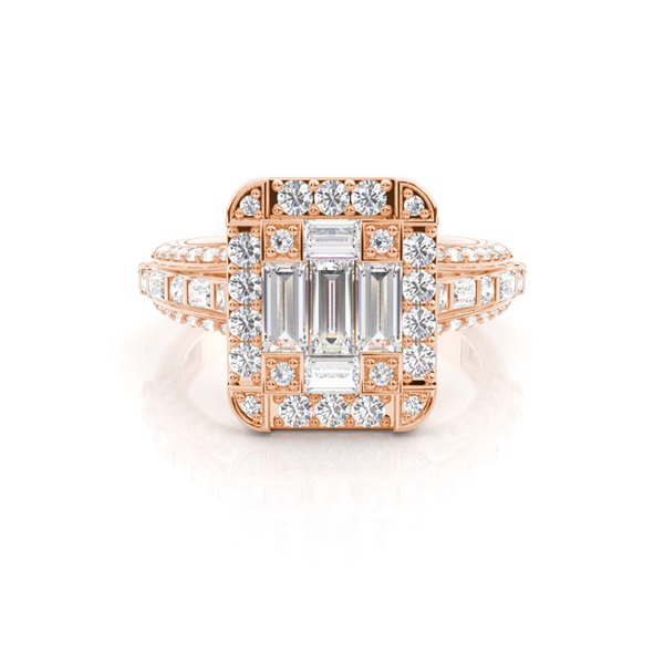 Pave Setting Round/Baguette Diamond Cluster Ring