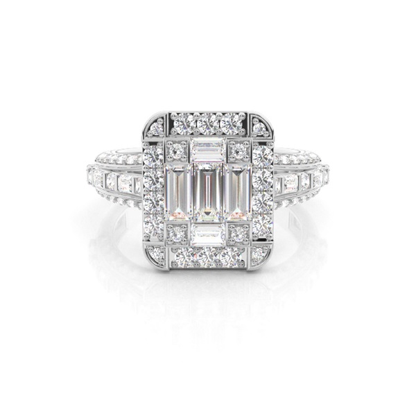 Pave Setting Round/Baguette Diamond Cluster Ring