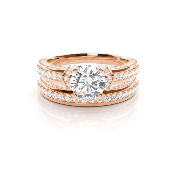 4 Prong Setting Studded Engagement Ring With Matching Band