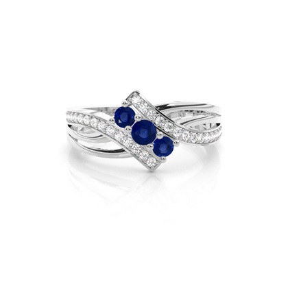 Round 4 Prong Setting Blue Sapphire Three Stone Ring
