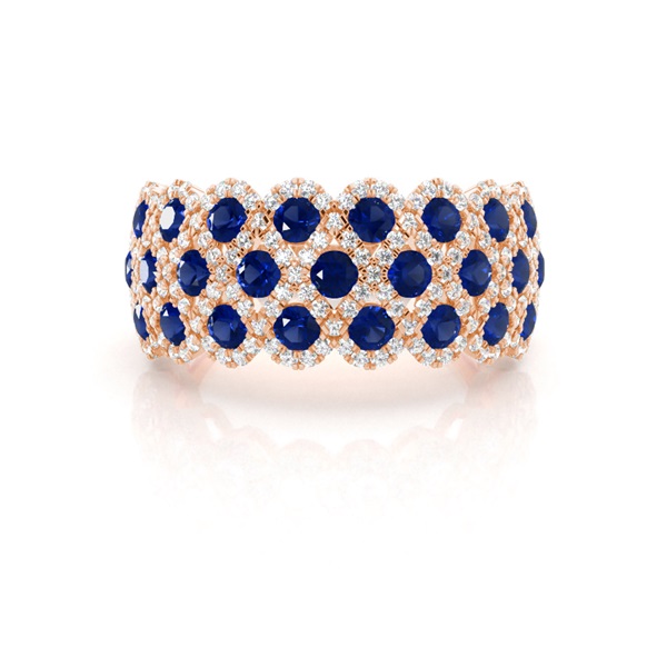 Pave Setting Round Blue Sapphire Fashion Ring