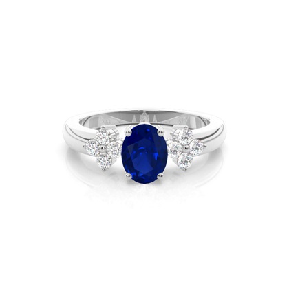 4 Prong Setting Oval Blue Sapphire Three Stone Ring