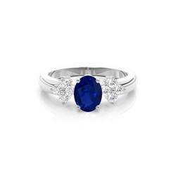 4 Prong Setting Oval Blue Sapphire Three Stone Ring