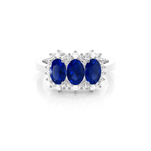 4 Prong Setting Oval Three Stone Blue Sapphire Ring