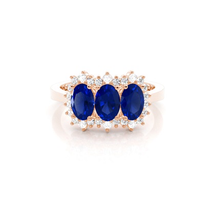 4 Prong Setting Oval Three Stone Blue Sapphire Ring