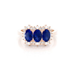 4 Prong Setting Oval Three Stone Blue Sapphire Ring