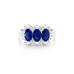 4 Prong Setting Oval Three Stone Blue Sapphire Ring