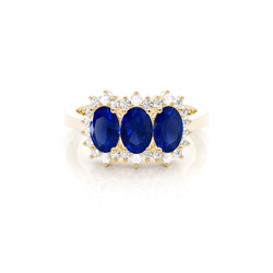 4 Prong Setting Oval Three Stone Blue Sapphire Ring