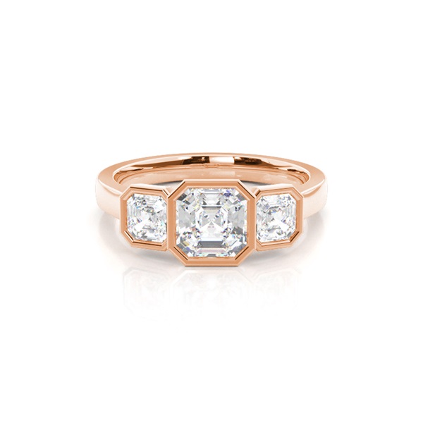 Bezel Setting Asscher  Trilogy Diamond Engagement Ring