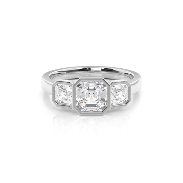 Bezel Setting Asscher  Trilogy Diamond Engagement Ring