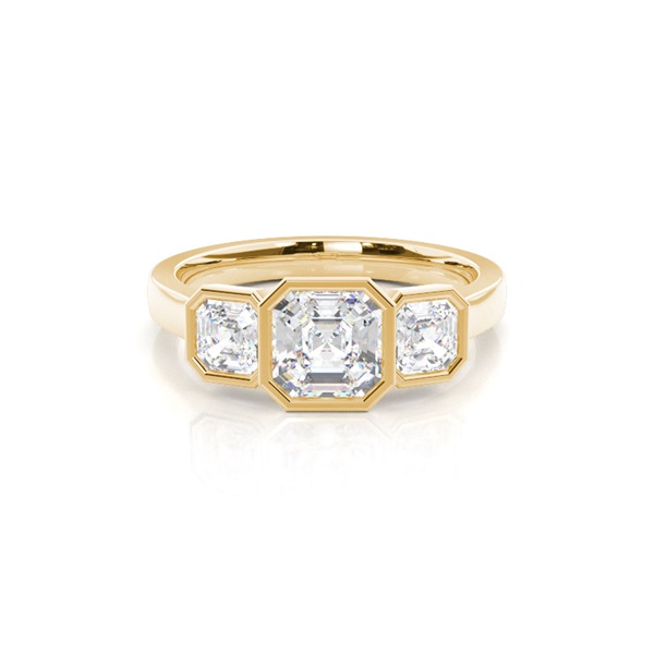 Bezel Setting Asscher  Trilogy Diamond Engagement Ring