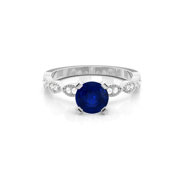 Prong Setting Round Blue Sapphire Side Stone Ring