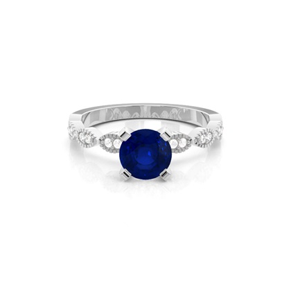 Prong Setting Round Blue Sapphire Side Stone Ring