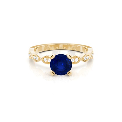 Prong Setting Round Blue Sapphire Side Stone Ring