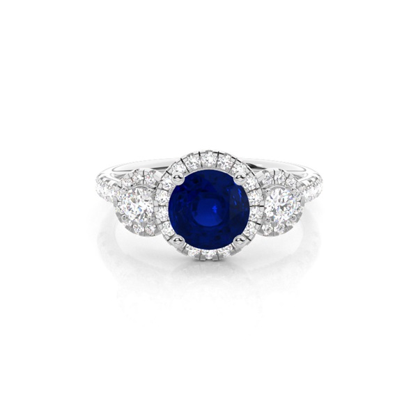 Prong Setting Round Blue Sapphire Three Stone Ring