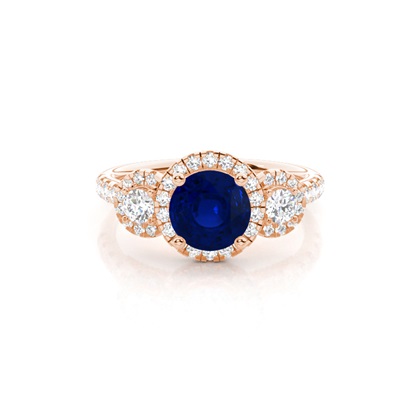 Prong Setting Round Blue Sapphire Three Stone Ring