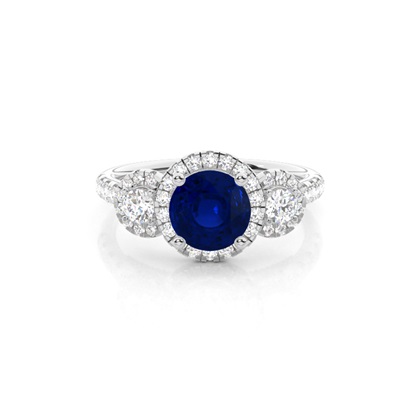 Prong Setting Round Blue Sapphire Three Stone Ring