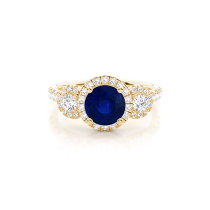 Prong Setting Round Blue Sapphire Three Stone Ring