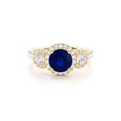 Prong Setting Round Blue Sapphire Three Stone Ring