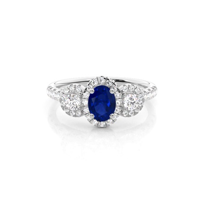 Prong Setting Oval Blue Sapphire Three Stone Ring