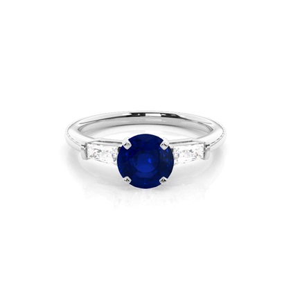 Prong Setting Round Blue Sapphire Three Stone Ring