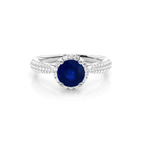 Prong Setting Round Blue Sapphire Side Stone Ring