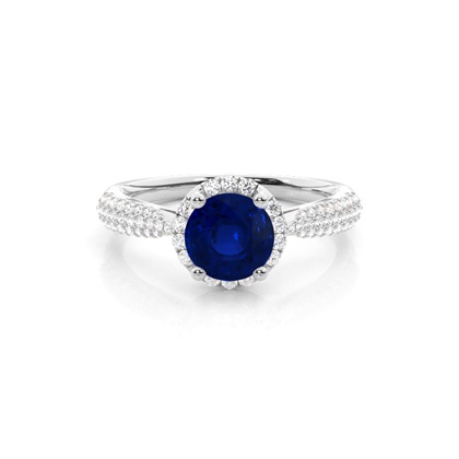 Prong Setting Round Blue Sapphire Side Stone Ring