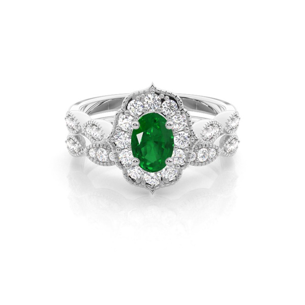 Prong Setting Oval Halo Emerald Engagement Ring