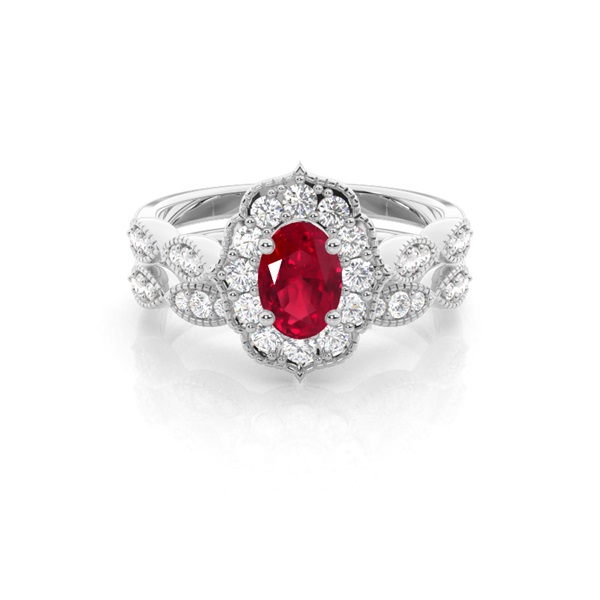 Prong Setting Oval Halo Ruby Engagement Ring