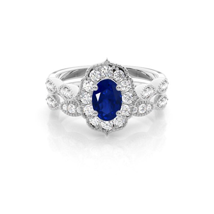 Prong Setting Oval Halo Blue Sapphire Engagement Ring