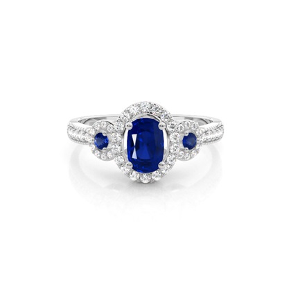 Prong Setting Oval Halo Blue Sapphire Engagement Ring