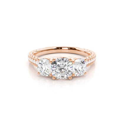 Cushion Rose Gold 3 Stone Diamond Rings