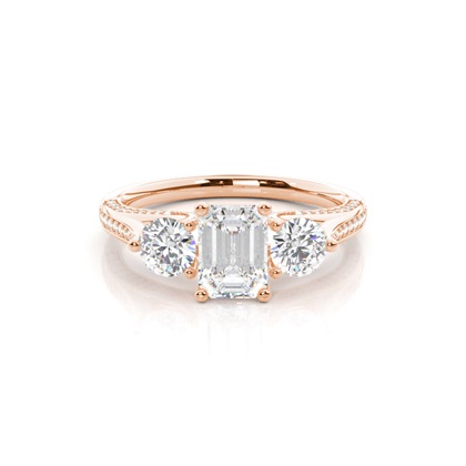 Emerald Rose Gold Diamond Rings Three Stone